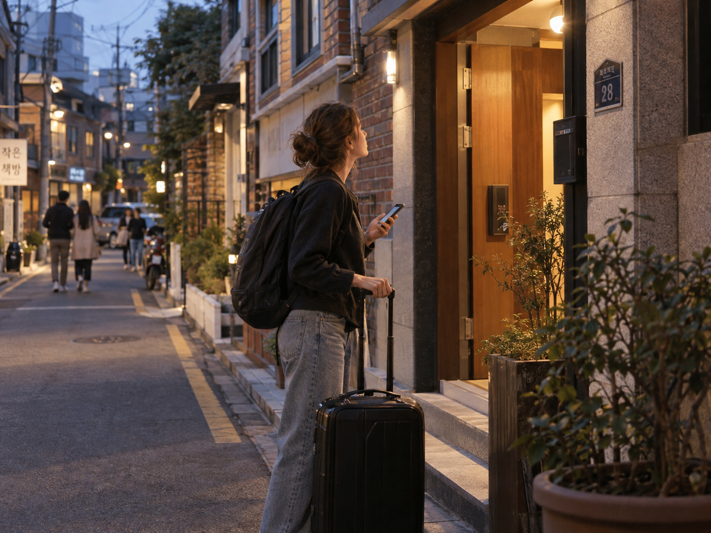 Traveler checking the address of an accommodation entrance in Seoul