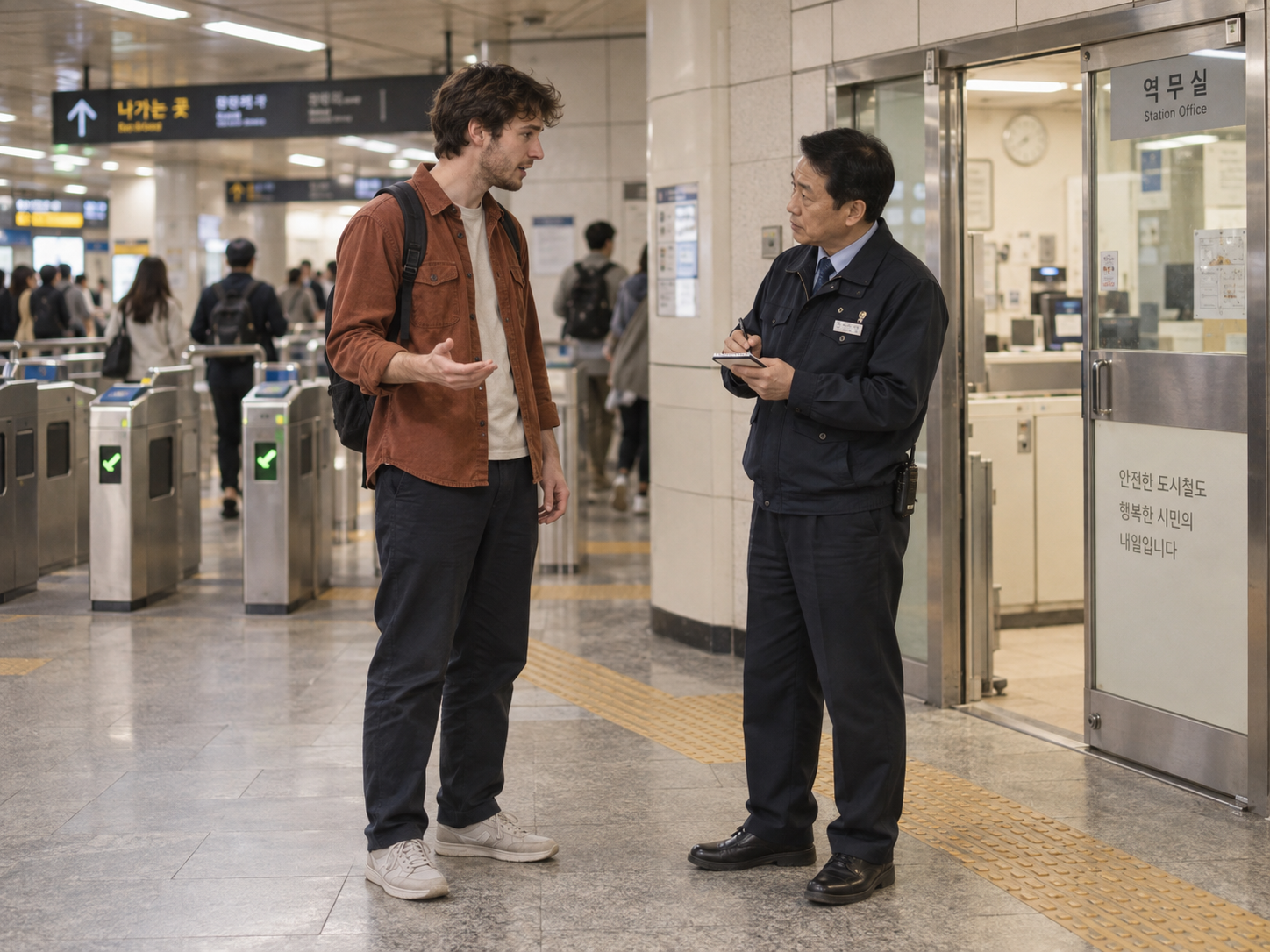 International traveler explaining a subway lost-item situation to station staff in Korea