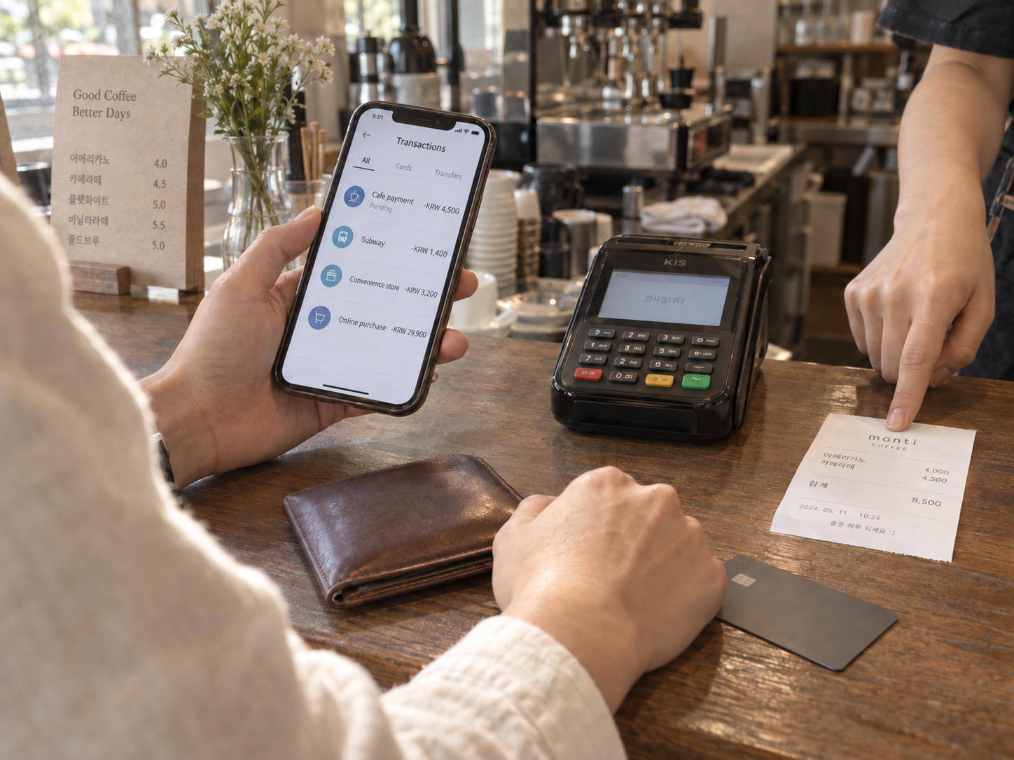 Traveler checking a card transaction and receipt at a cafe in Korea