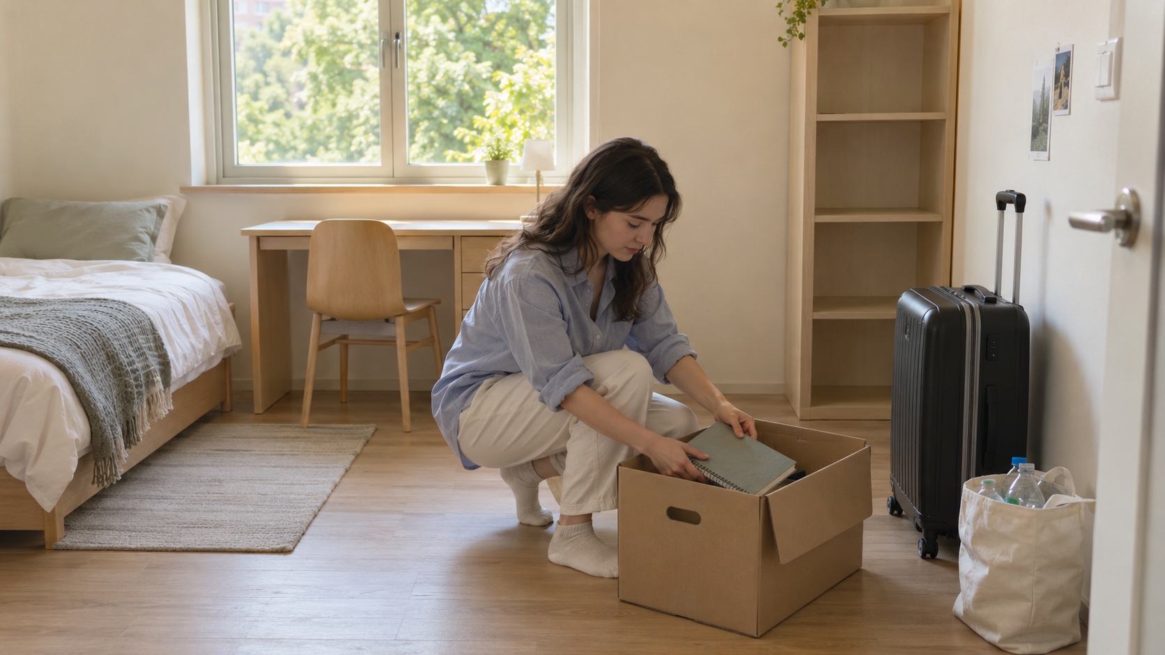 Woman packing personal belongings and tidying a room before checking out