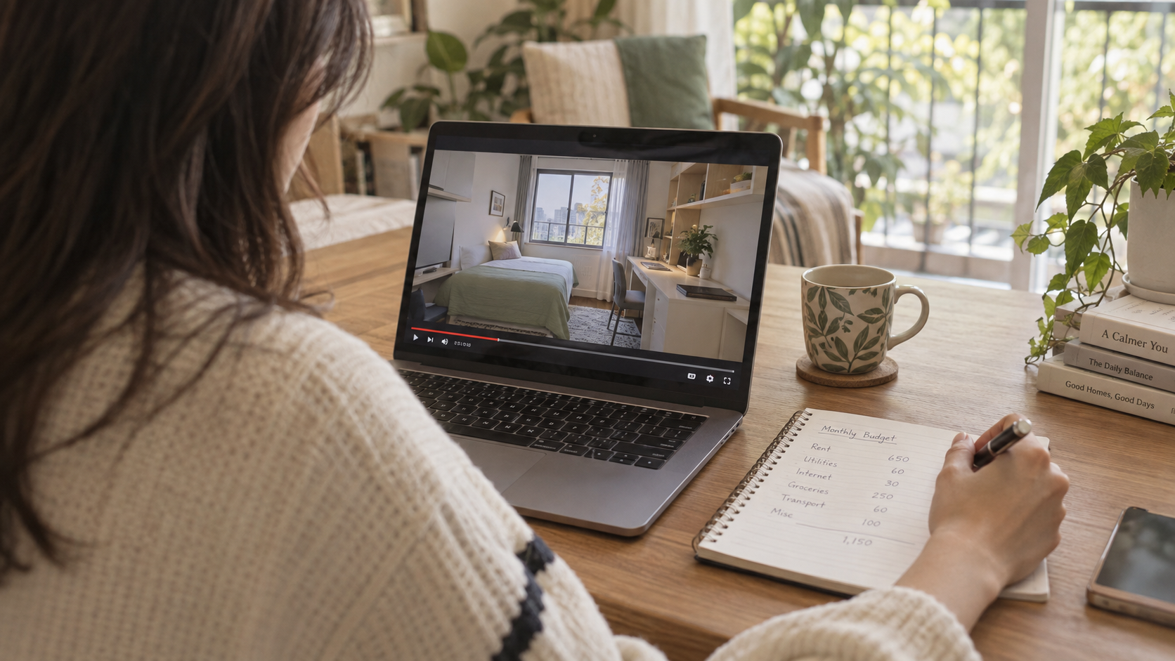 Woman reviewing a room video and accommodation budget before booking long-term accommodation in Korea