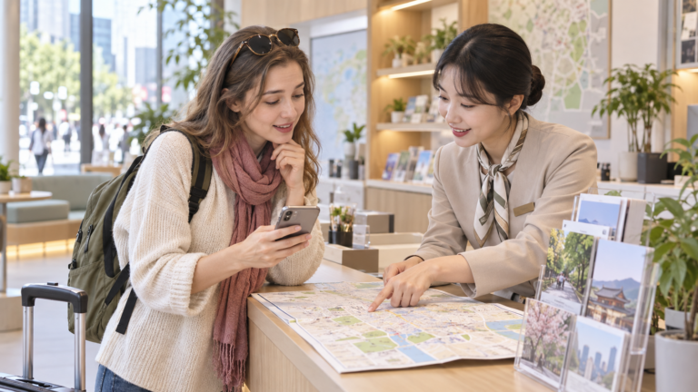 International traveler receiving help at a tourist information center in Seoul