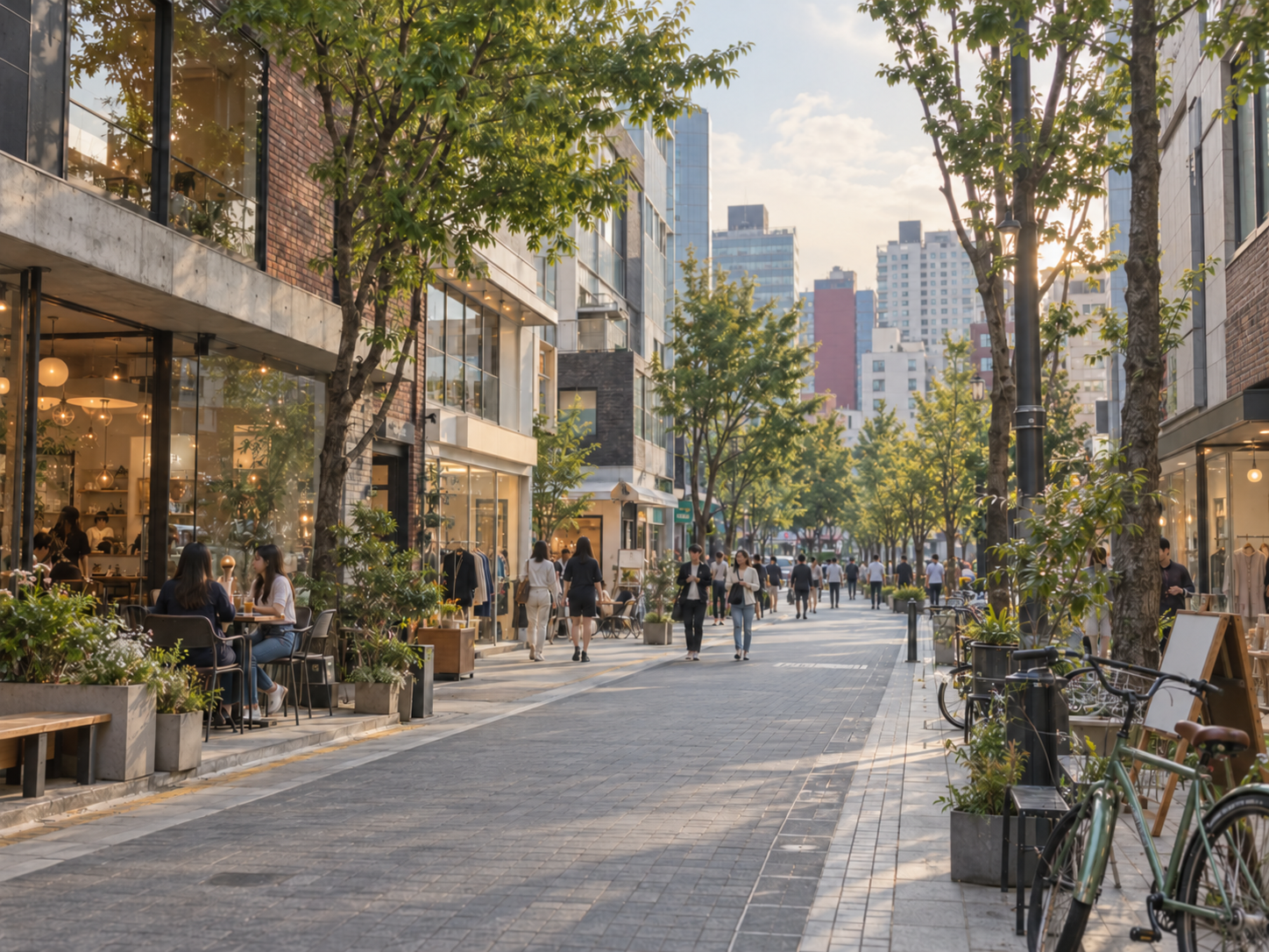 Tree-lined cafe street in a modern Seoul neighborhood