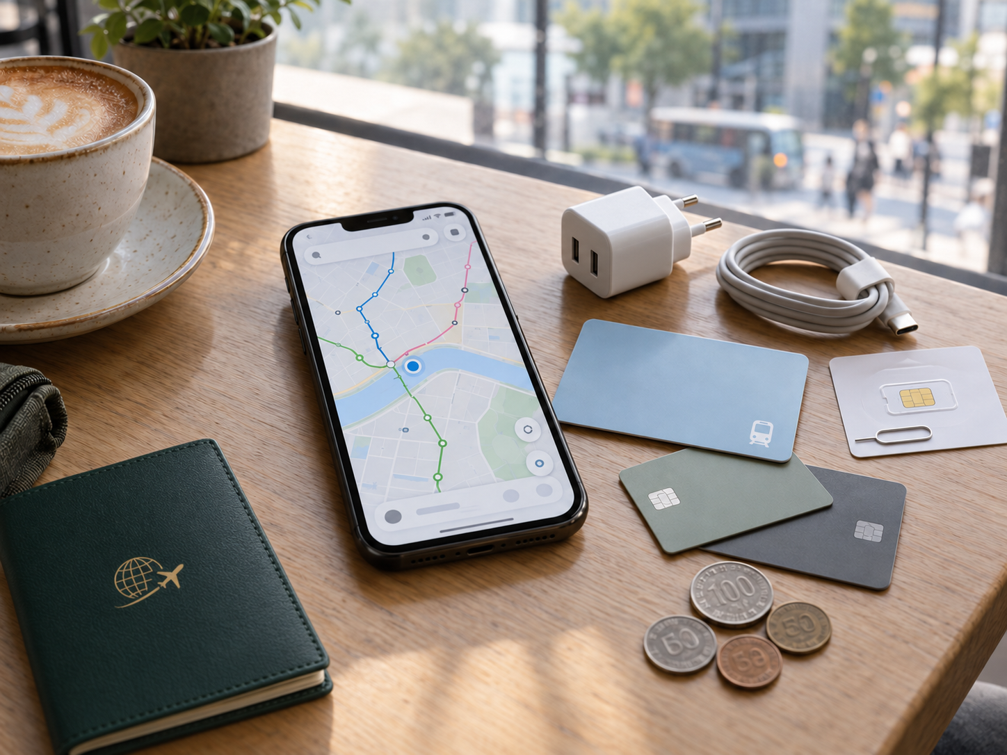 Phone, Korean transit card, payment cards and SIM essentials for traveling in Korea