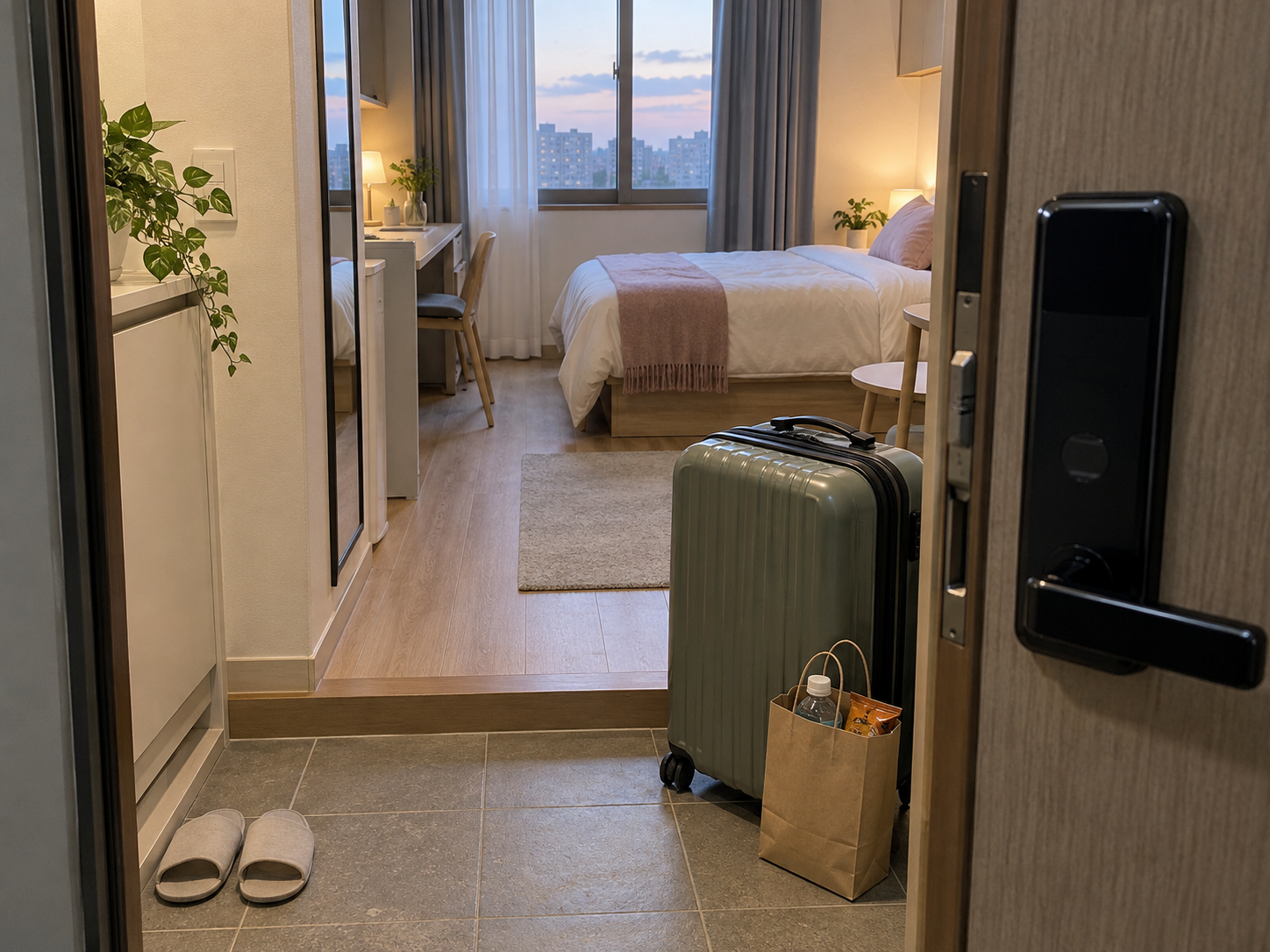 Korean accommodation with a digital door lock, entry area and suitcase