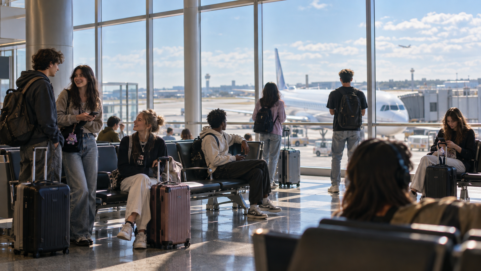 International K-pop fans waiting at an airport for their concert trip to Korea