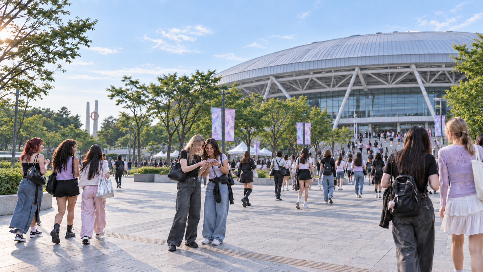 International K-pop fans arriving at a concert venue in Seoul Olympic Park