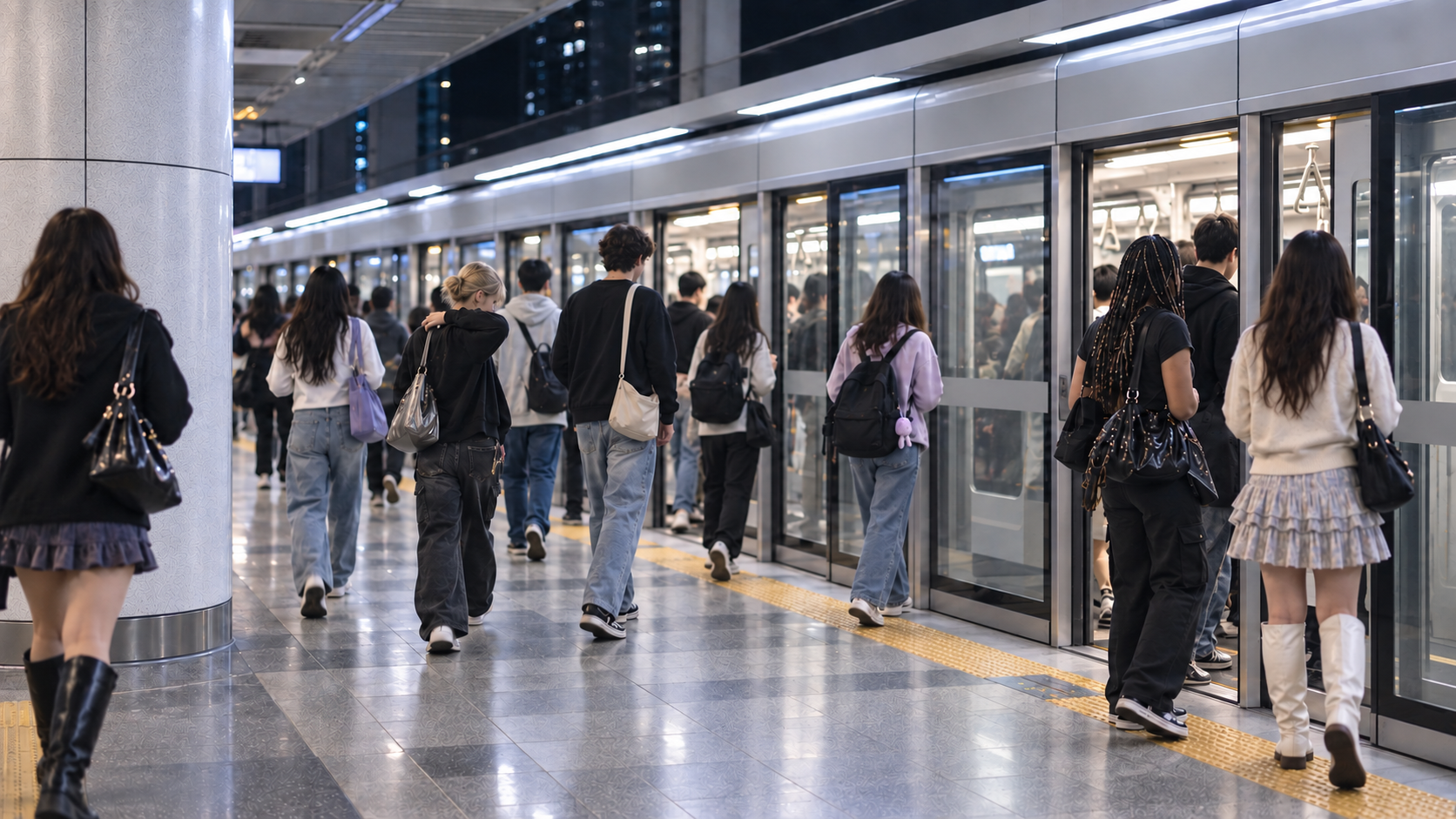 International K-pop fans boarding the Seoul subway after a concert