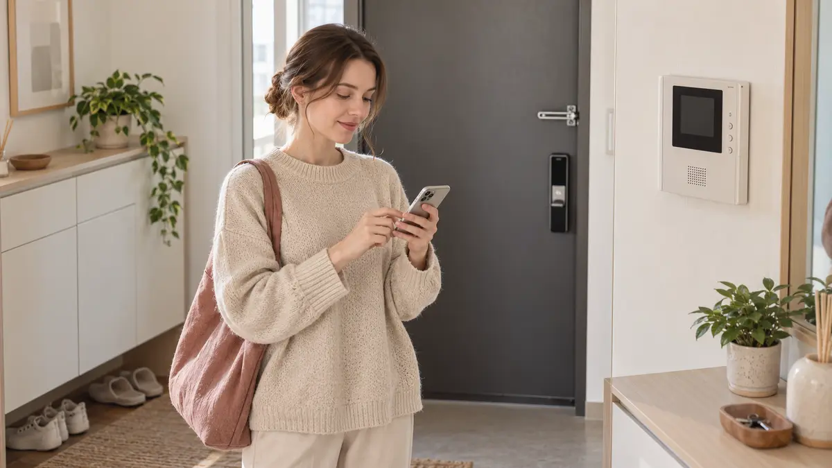 International resident typing Korean delivery instructions near an apartment intercom