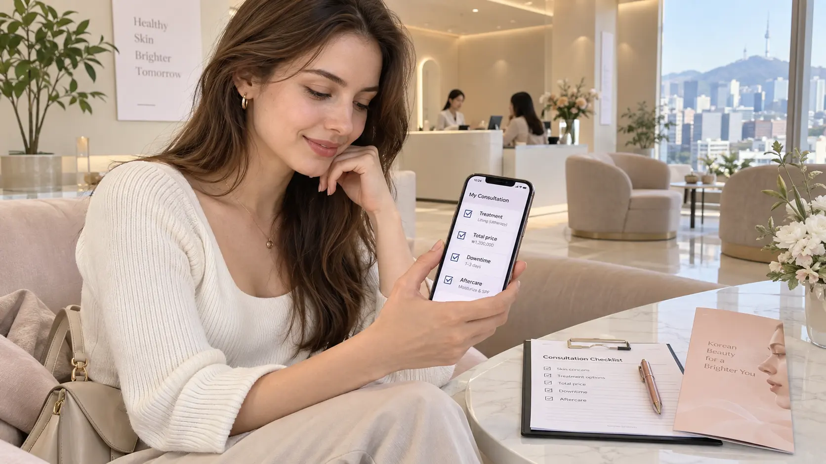 Visitor reviewing treatment price downtime and aftercare before a Korean beauty clinic appointment