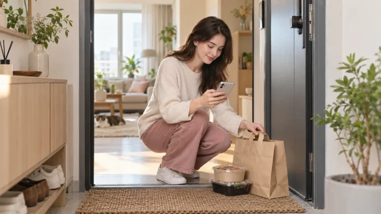 Woman checking a Korean food delivery message while picking up her order at an apartment