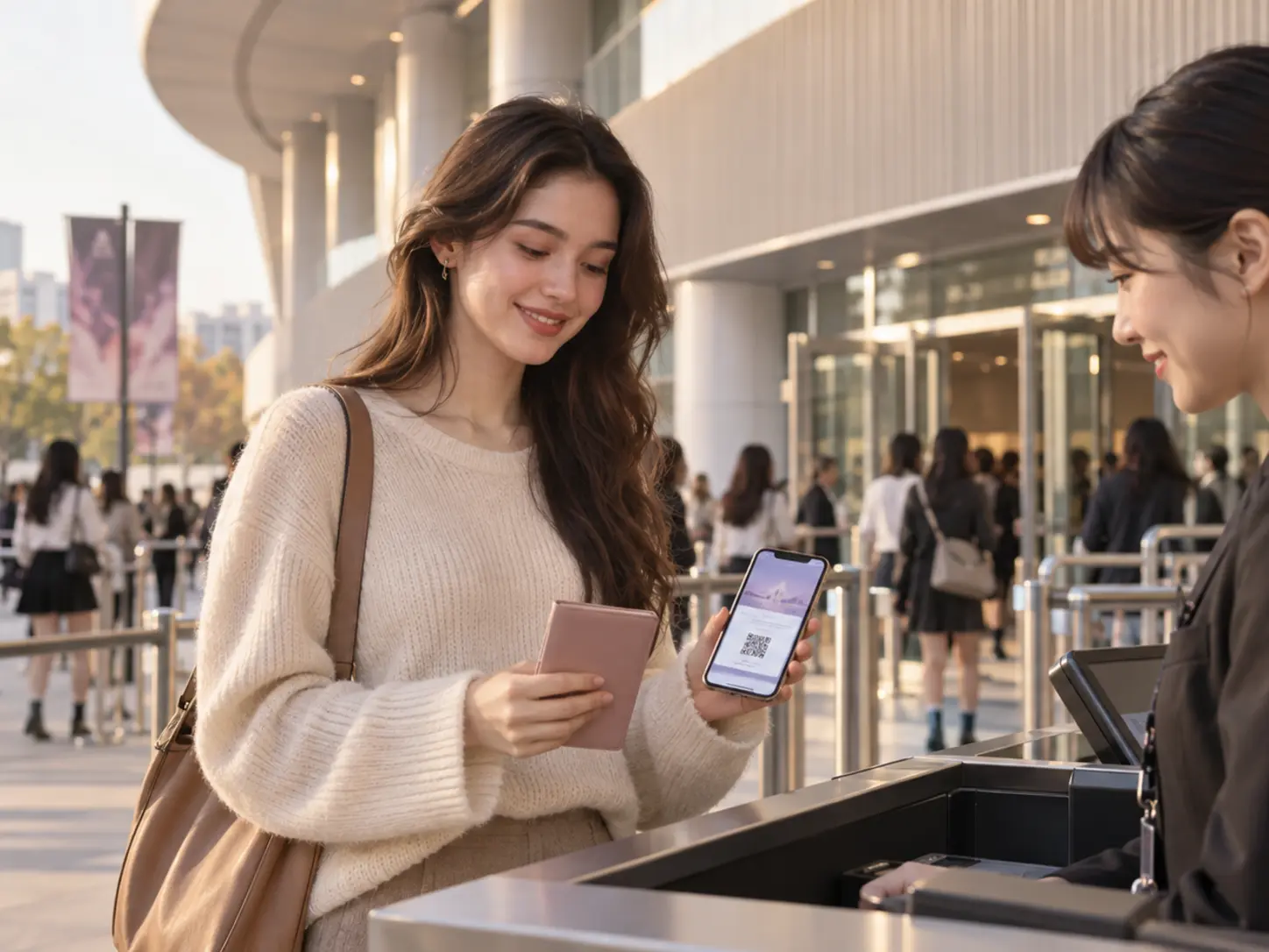 International fan presenting her passport and digital ticket at a K-pop concert entrance