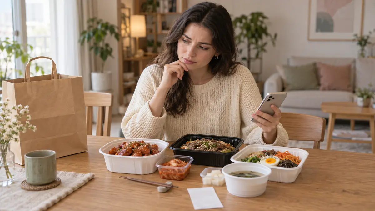 Woman checking a missing item from a Korean food delivery order at home