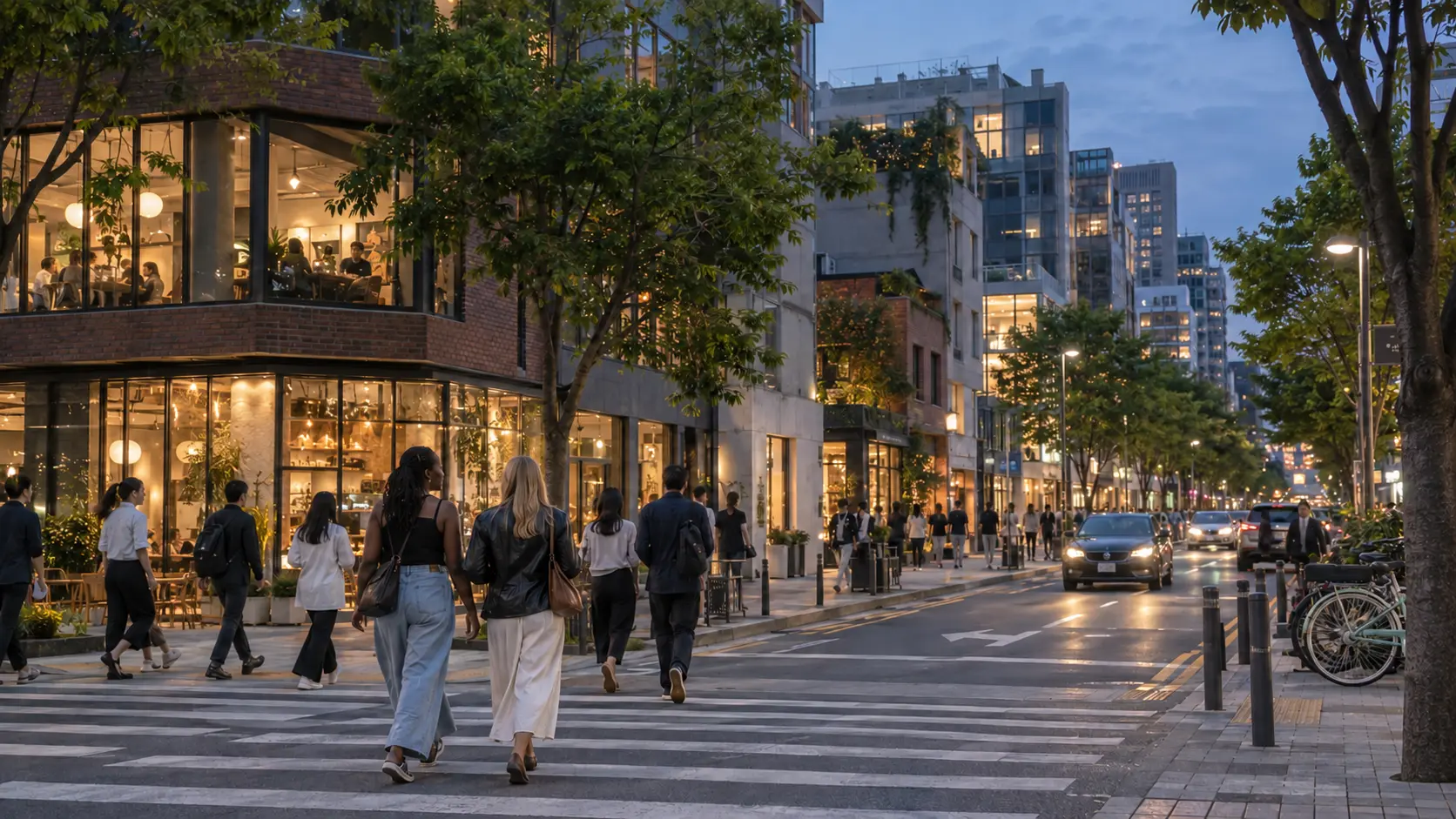 International visitors exploring a modern Seoul neighborhood in the evening