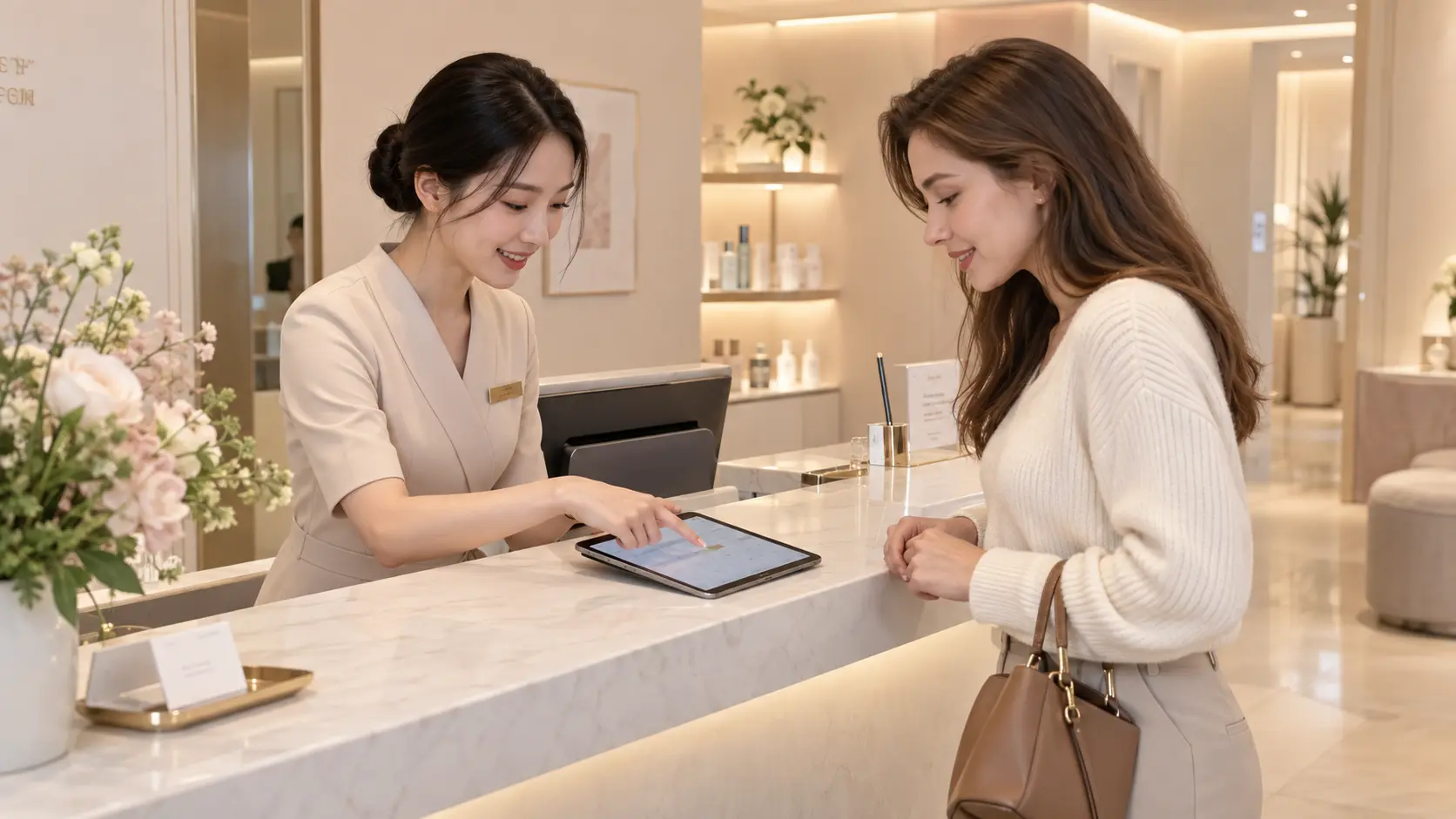 International visitor checking in for a beauty clinic appointment at a Seoul reception desk