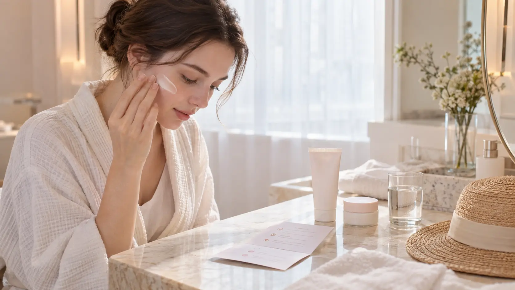 Traveler applying sunscreen while following beauty treatment aftercare instructions in Seoul
