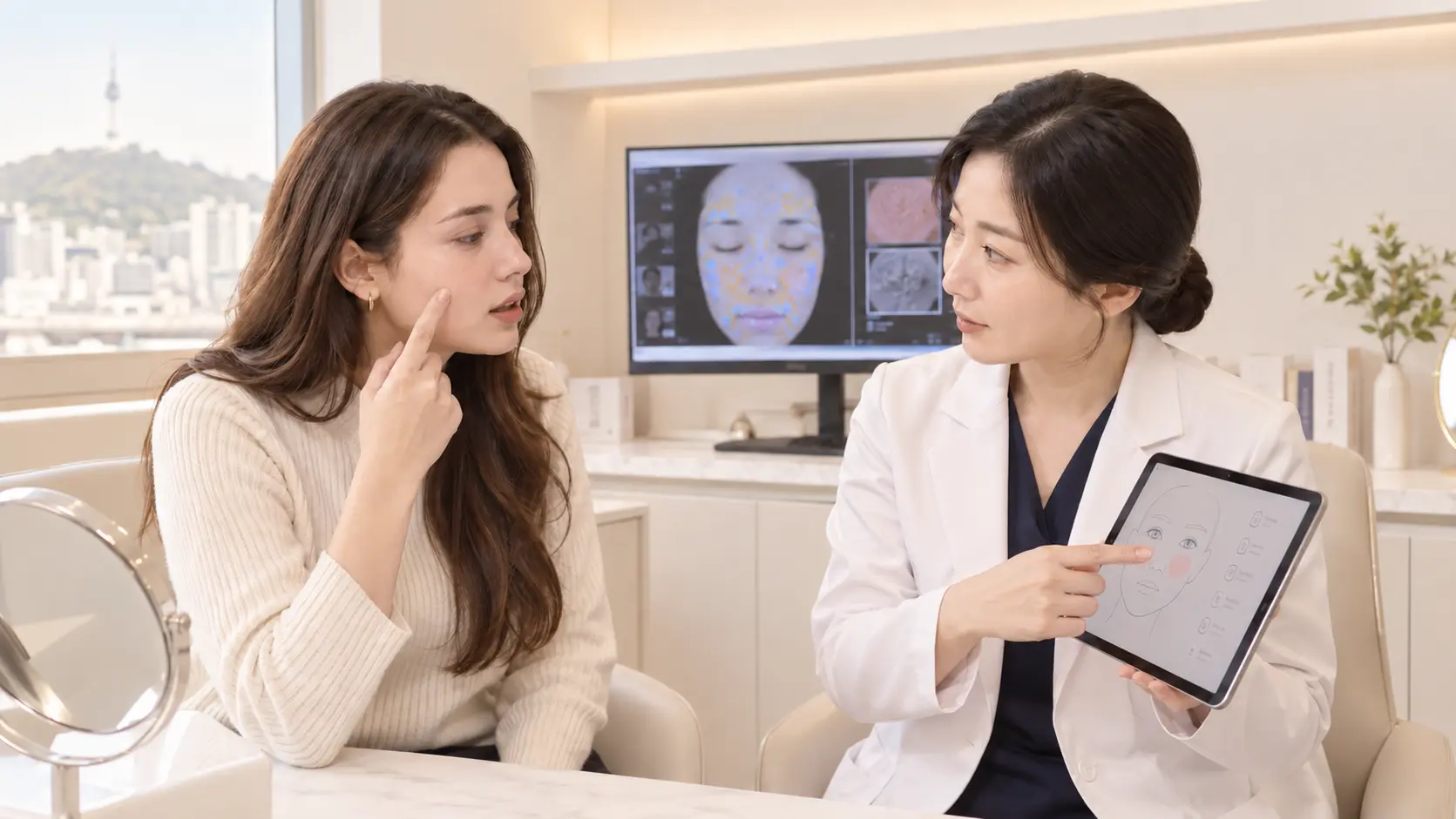 International visitor discussing skin concerns with a Korean dermatologist in Seoul