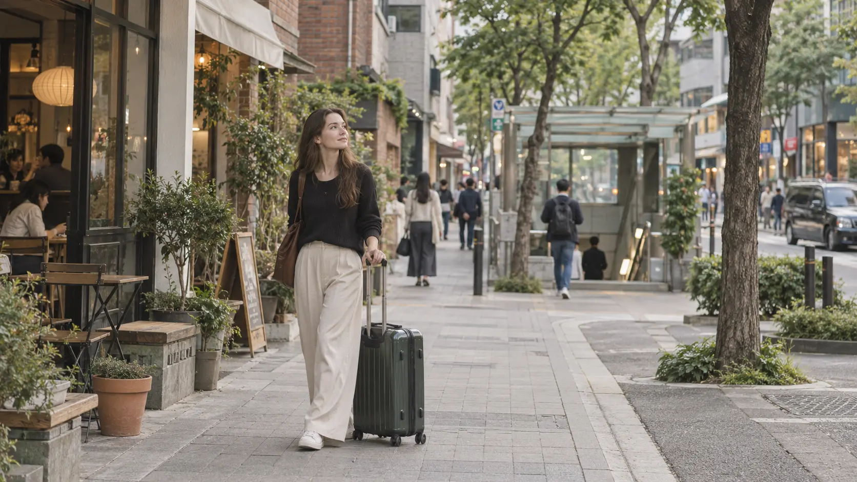 Foreign visitor arriving with a suitcase in a Seoul neighborhood