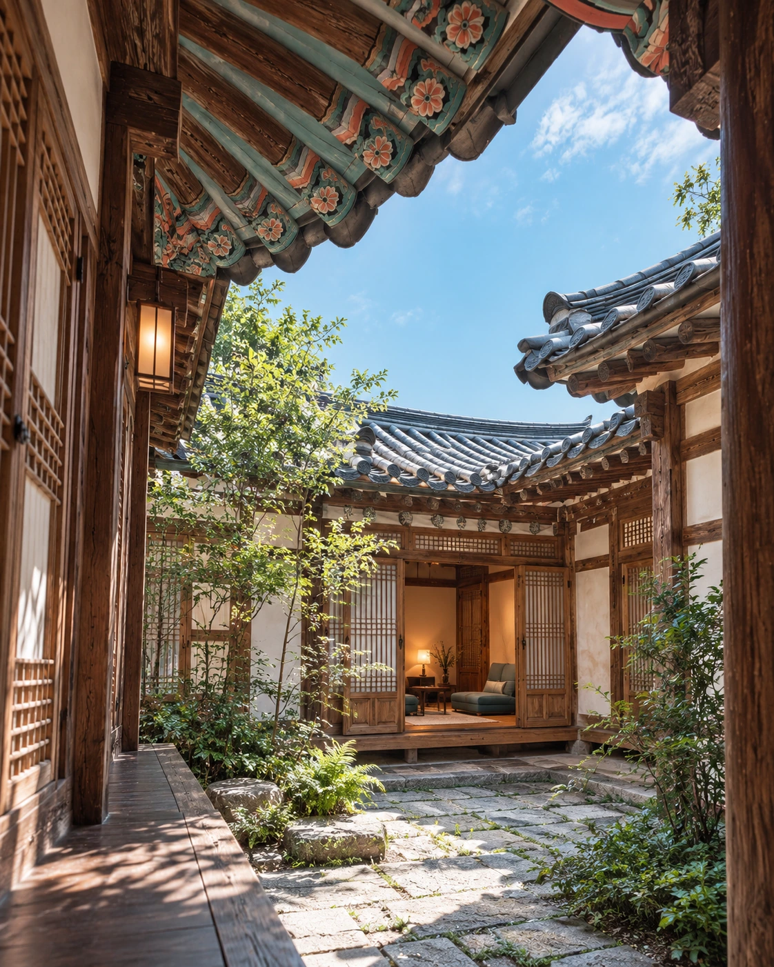 Traditional Korean courtyard with wooden architecture and blue sky