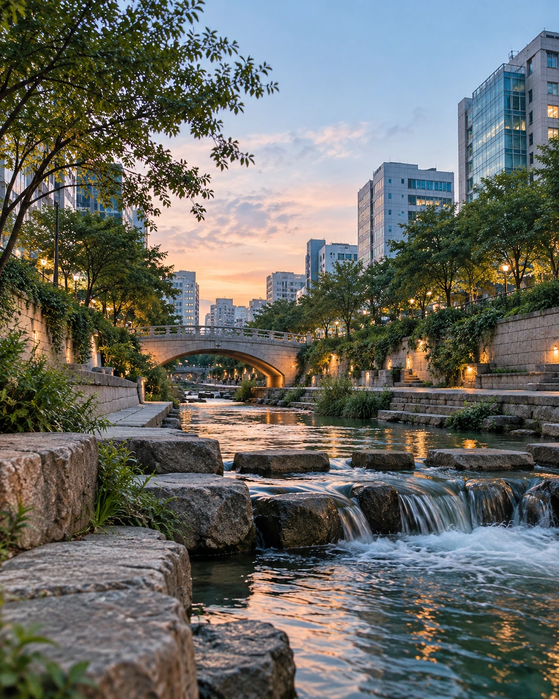 Cheonggyecheon stream surrounded by city buildings at dusk